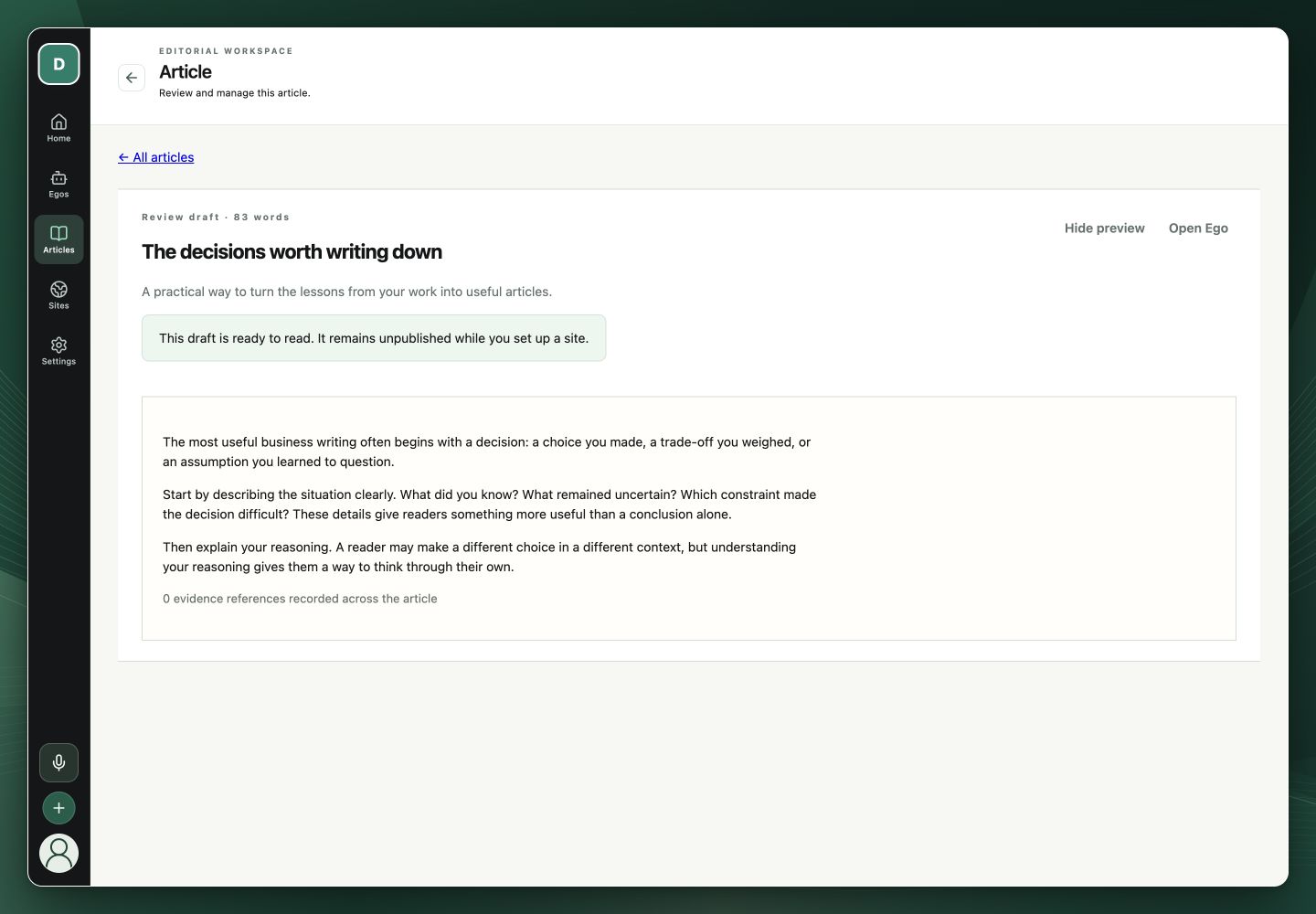 Actual AuthorEgo article preview containing demonstration text